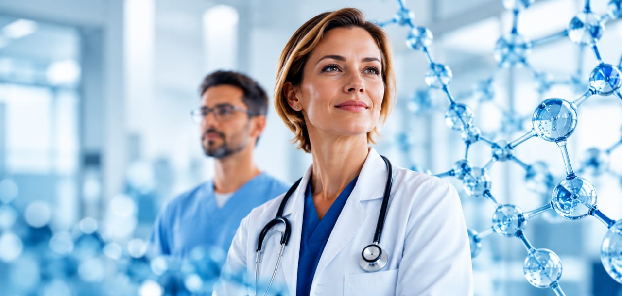 Smiling doctor with a stethoscope and a colleague in scrubs in a bright clinic, beside a molecular structure