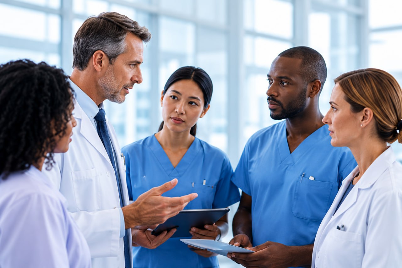 Doctor talking with a diverse team of nurses and clinicians in a bright hospital